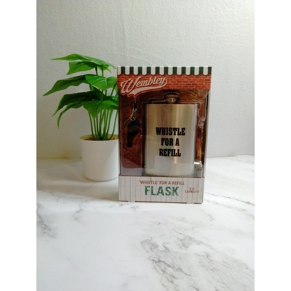 Wembley 8oz Capacity Silver Flask, "Whistle For A‎ Refill" New In Box